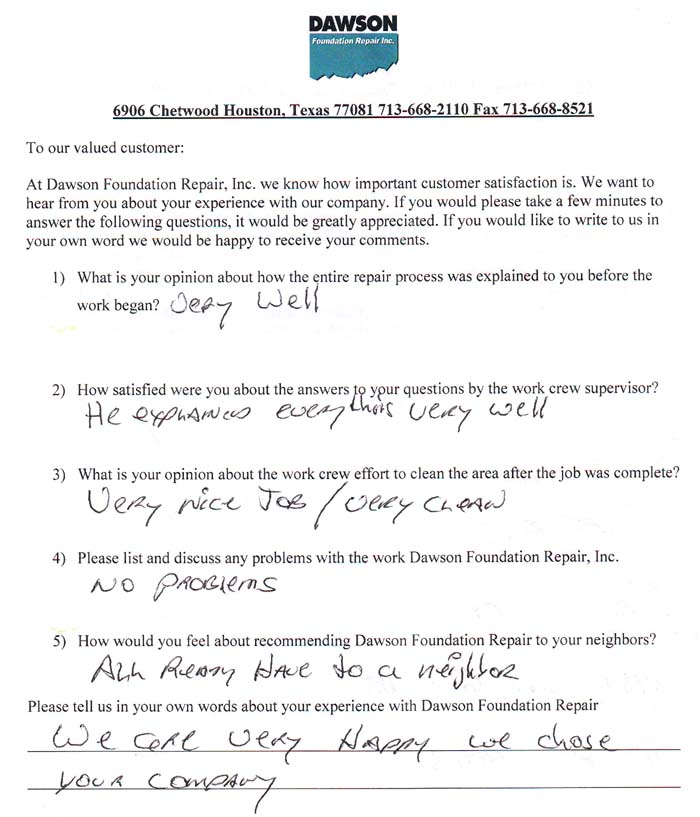 testimonial letter #431 in Houston for Dawson Foundation Repair