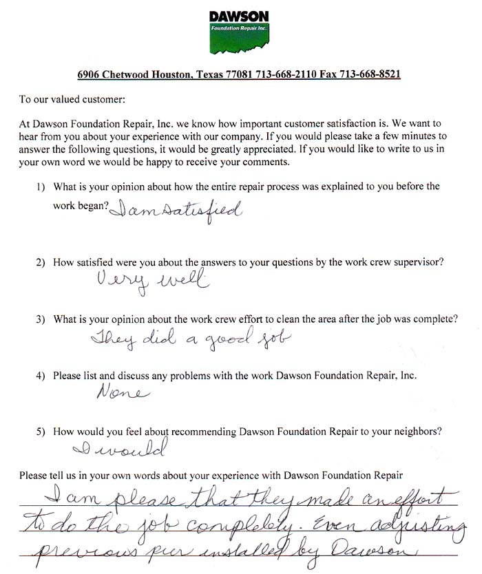 testimonial letter #432 in Houston for Dawson Foundation Repair