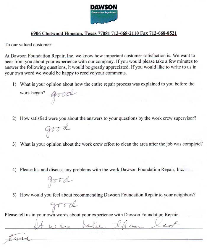 testimonial letter #440 in Houston for Dawson Foundation Repair