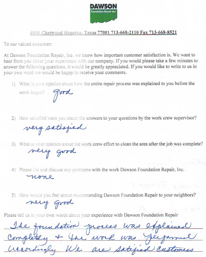 testimonial letter #444 in Houston for Dawson Foundation Repair