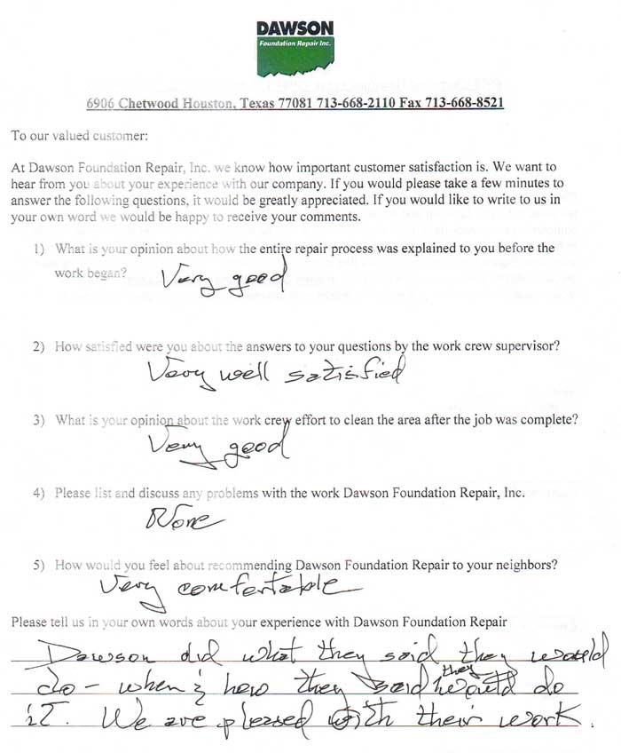 testimonial letter #445 in Houston for Dawson Foundation Repair
