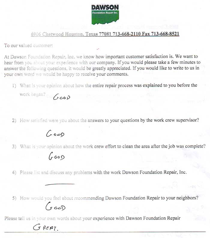 testimonial letter #448 in Houston for Dawson Foundation Repair