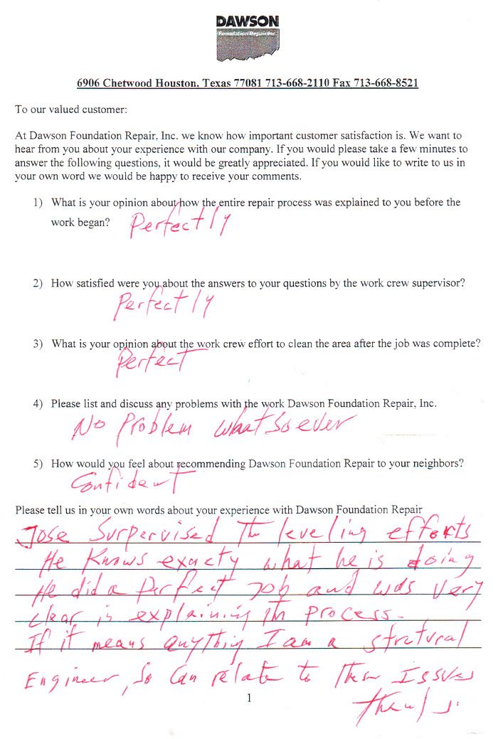 testimonial letter #453 in Houston for Dawson Foundation Repair