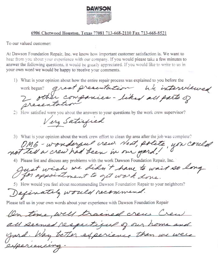 testimonial letter #464 in Houston for Dawson Foundation Repair