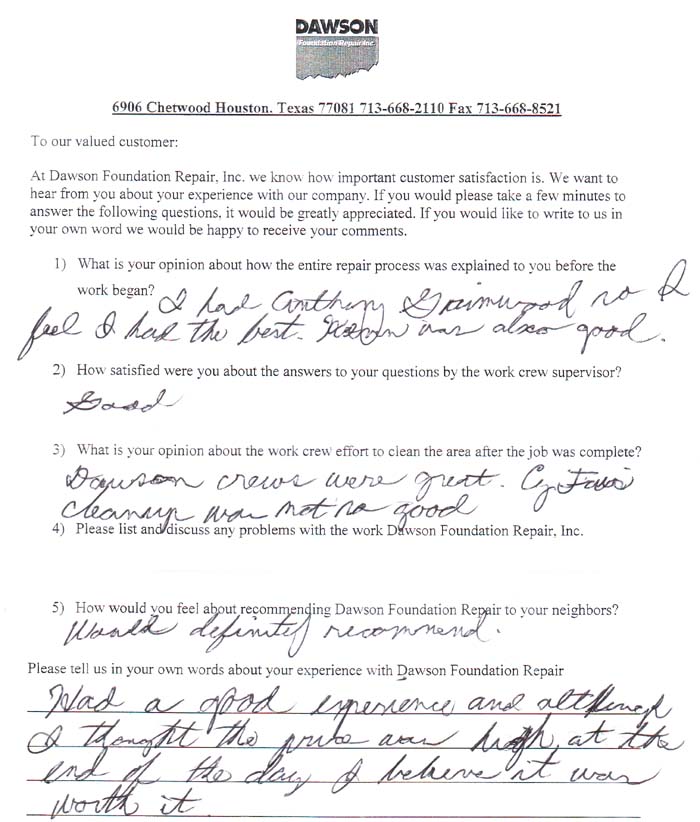 testimonial letter #465 in Houston for Dawson Foundation Repair