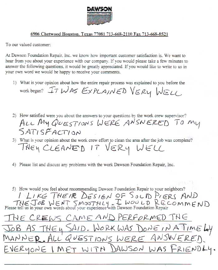 testimonial letter #469 in Houston for Dawson Foundation Repair