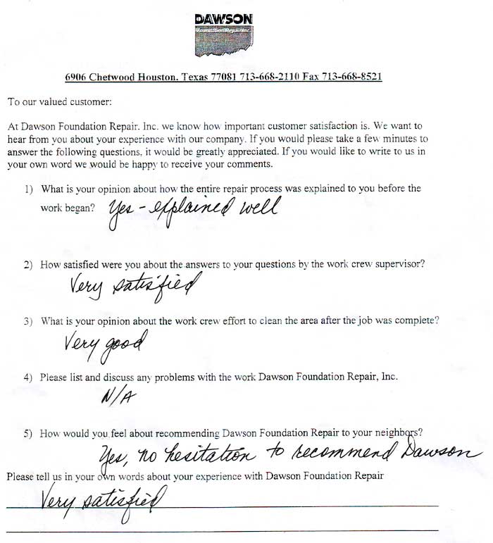 testimonial letter #470 in Houston for Dawson Foundation Repair