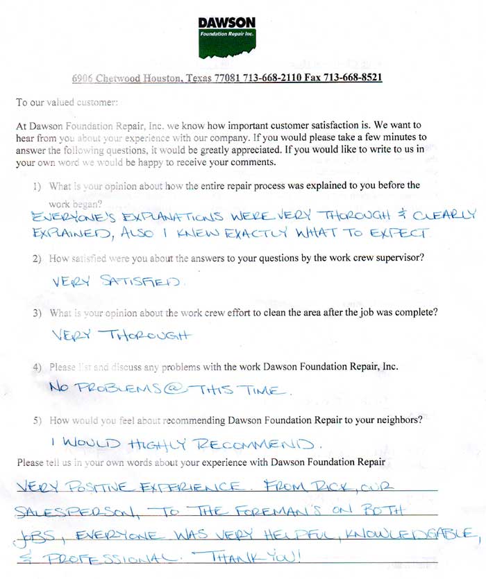 testimonial letter #471 in Houston for Dawson Foundation Repair