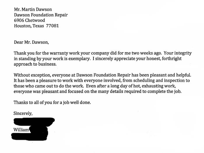 testimonial letter #476 in Houston for Dawson Foundation Repair