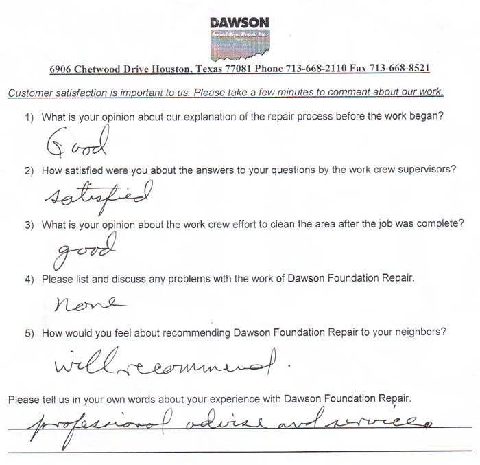 testimonial letter #479 in Houston for Dawson Foundation Repair