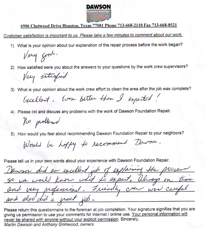 testimonial letter #482 in Houston for Dawson Foundation Repair