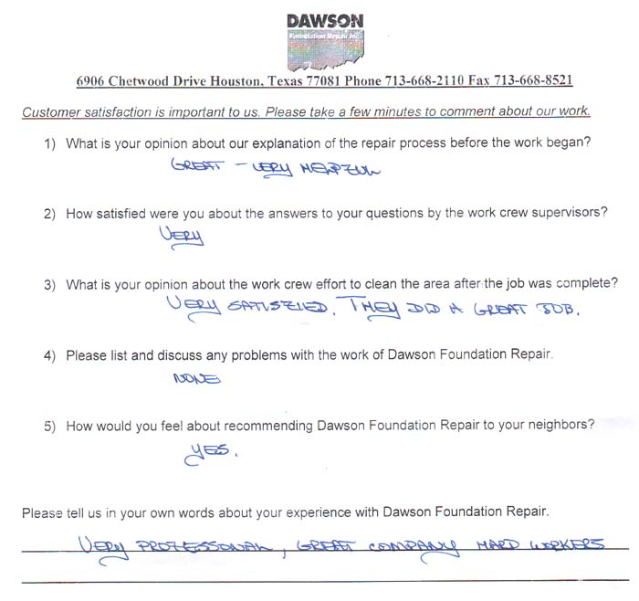 testimonial letter #483 in Houston for Dawson Foundation Repair