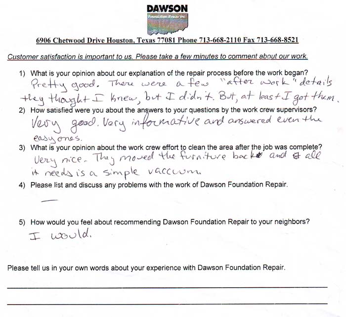 testimonial letter #493 in Houston for Dawson Foundation Repair