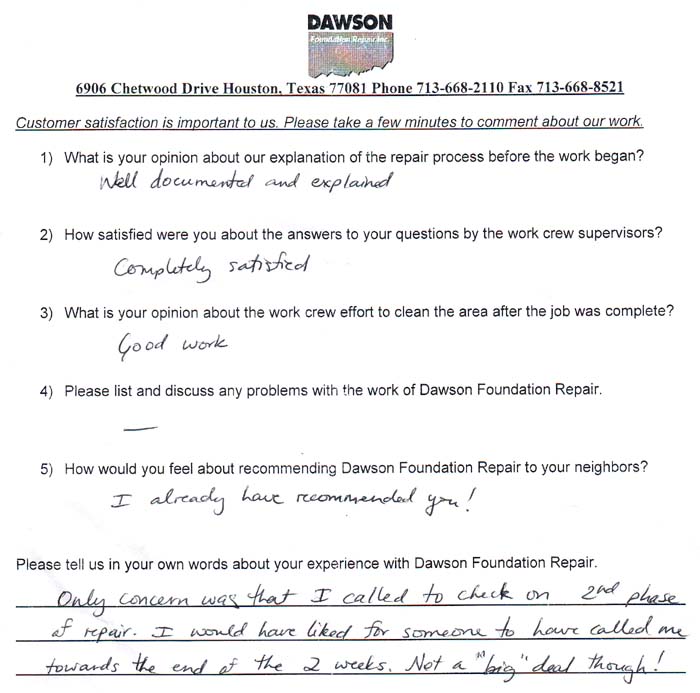 testimonial letter #494 in Houston for Dawson Foundation Repair