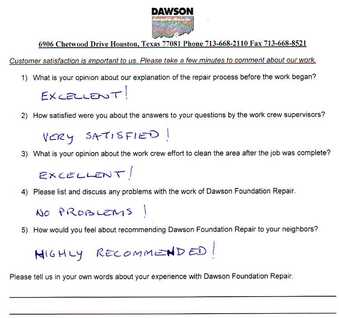 testimonial letter #495 in Houston for Dawson Foundation Repair