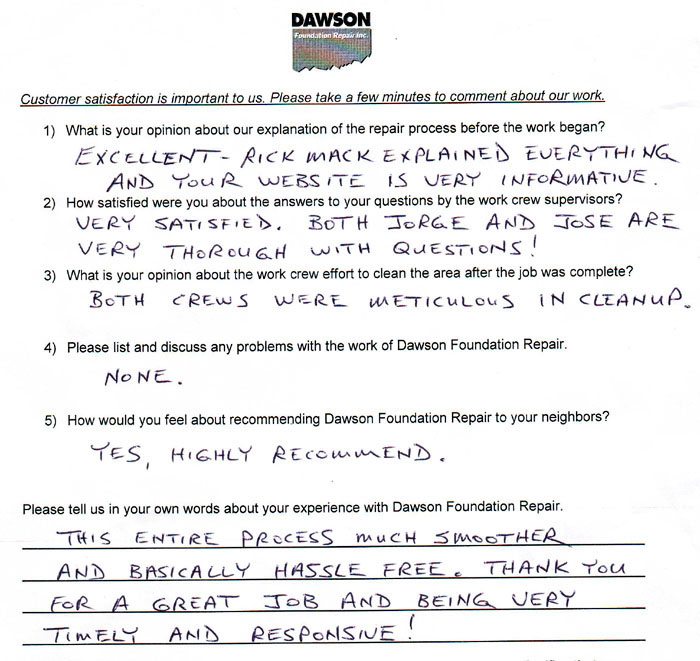 testimonial letter #497 in Houston for Dawson Foundation Repair