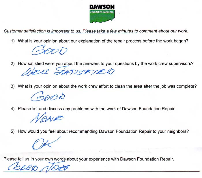 testimonial letter #503 in Houston for Dawson Foundation Repair