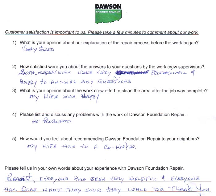 testimonial letter #505 in Houston for Dawson Foundation Repair