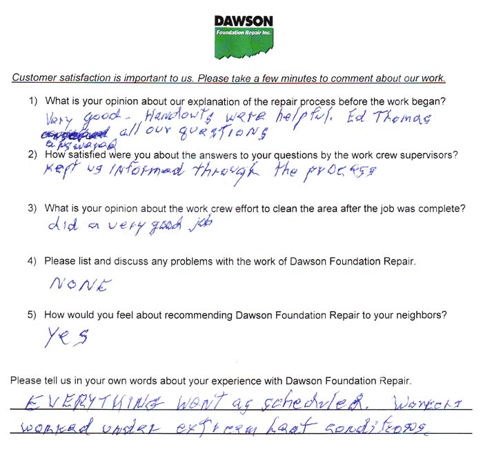 testimonial letter #508 in Houston for Dawson Foundation Repair