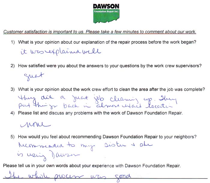 testimonial letter #509 in Houston for Dawson Foundation Repair