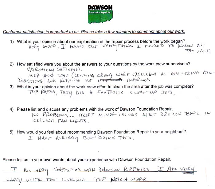 testimonial letter #513 in Houston for Dawson Foundation Repair