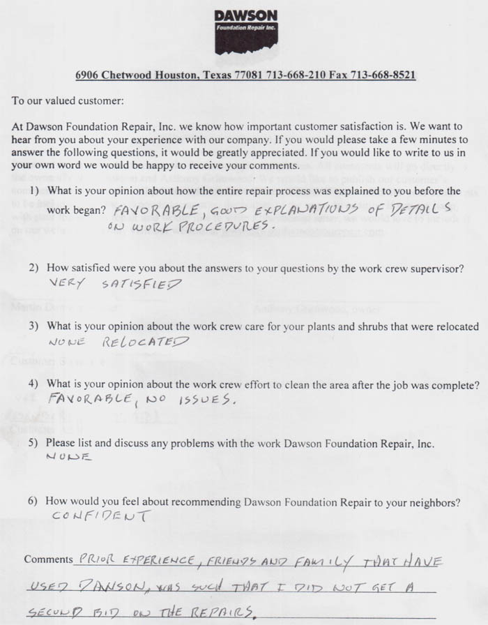 testimonial letter #184 for Dawson Foundation Repair