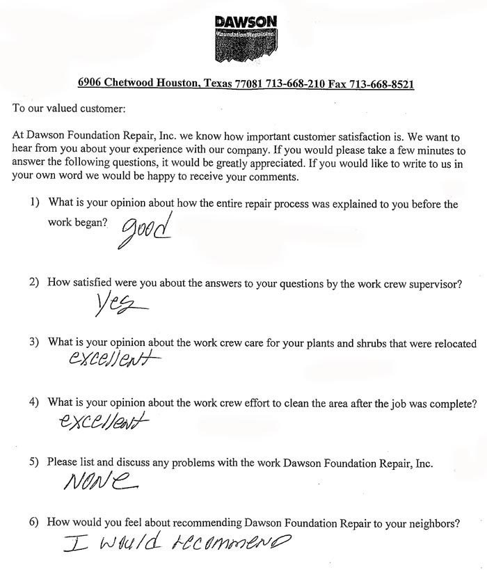 testimonial letter #210 for Dawson Foundation Repair