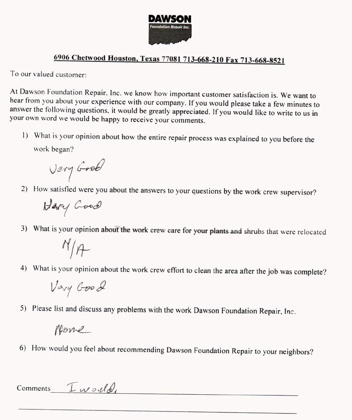 testimonial letter #221 for Dawson Foundation Repair