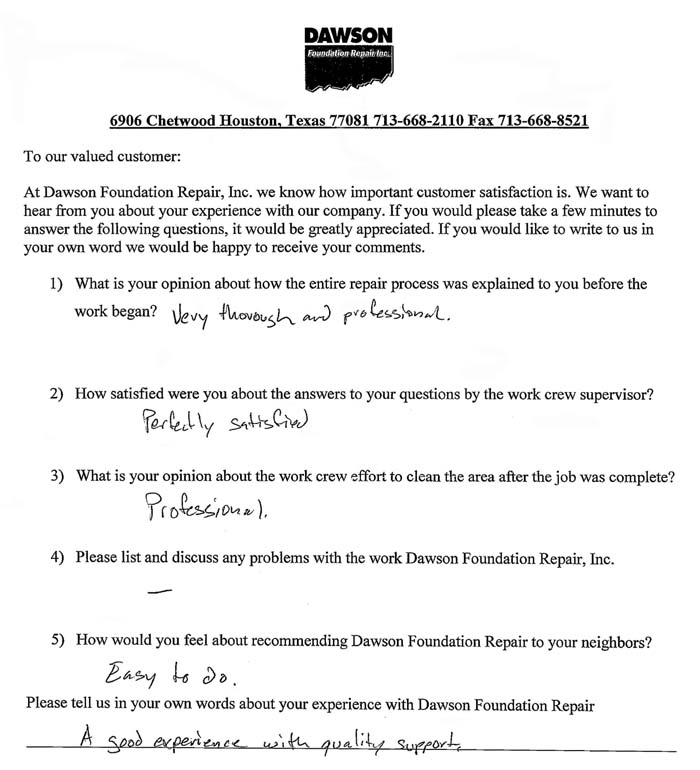 testimonial letter #299 in Plano for Dawson Foundation Repair