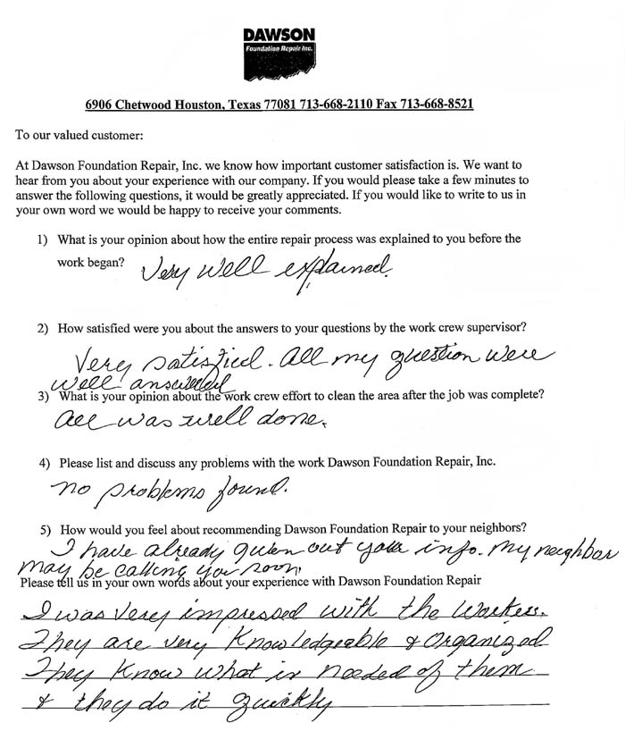 testimonial letter #321 in Plano for Dawson Foundation Repair