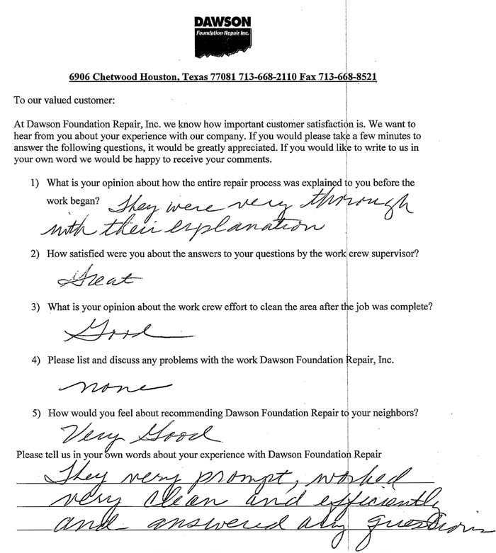 testimonial letter #326 in Plano for Dawson Foundation Repair