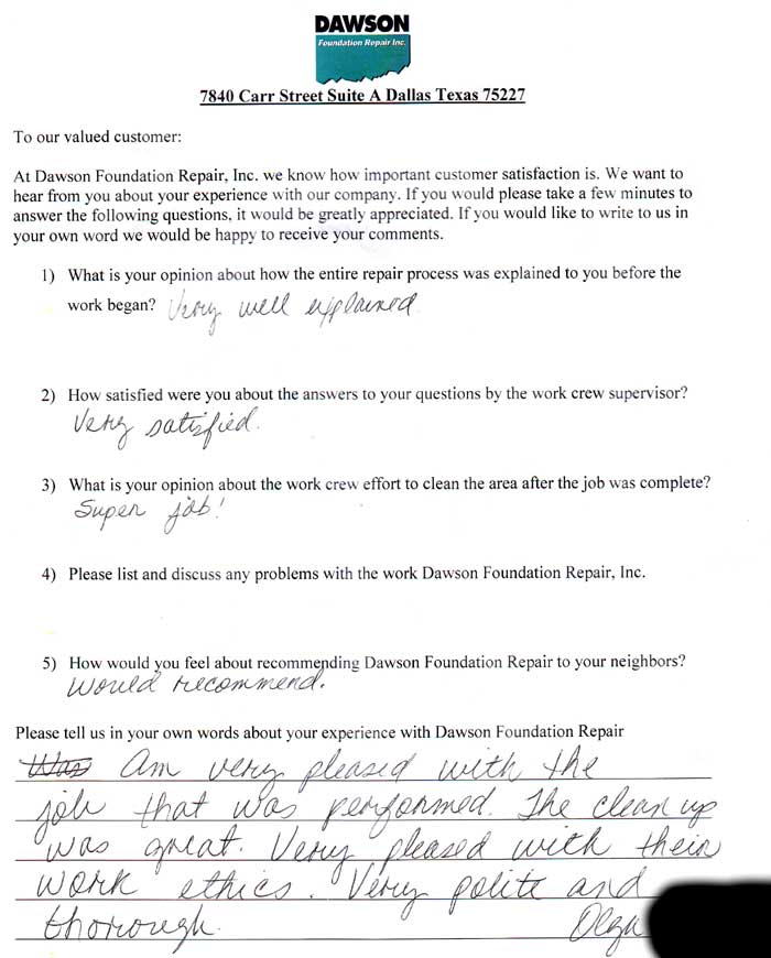 testimonial letter #433 in Plano for Dawson Foundation Repair