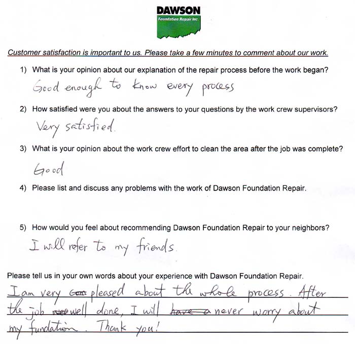 testimonial letter #500 in Plano for Dawson Foundation Repair