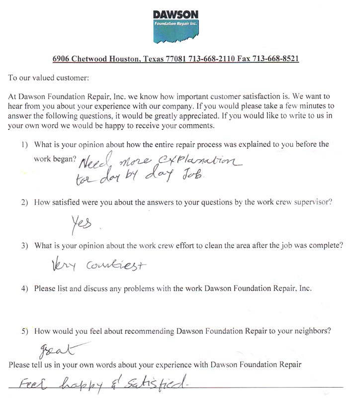 testimonial letter #411 in Sugar Land for Dawson Foundation Repair