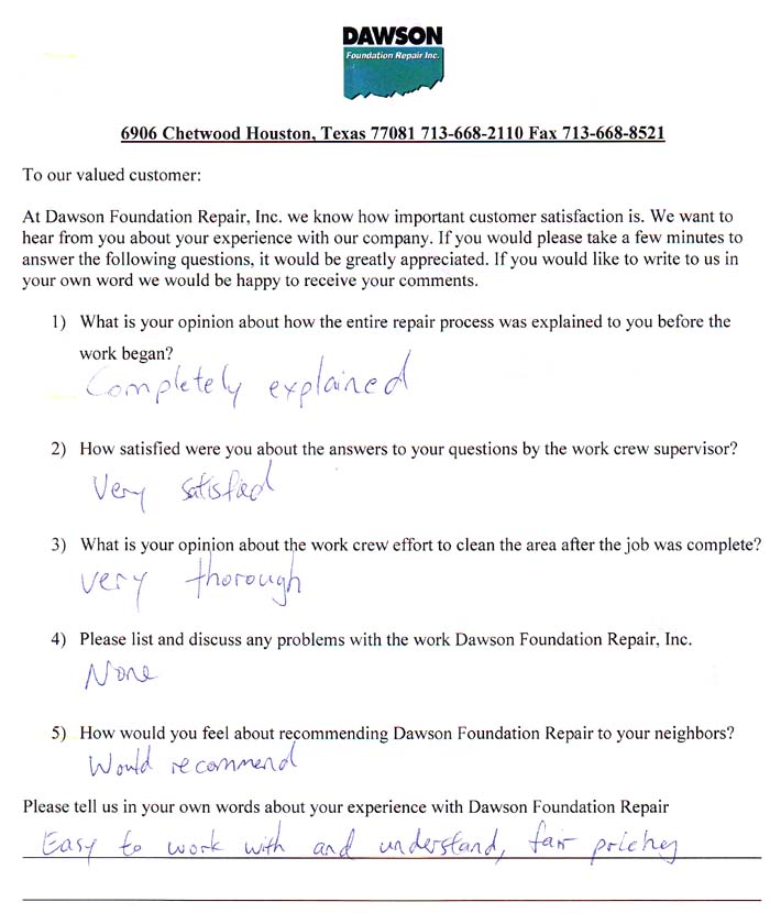 testimonial letter #412 in Sugar Land for Dawson Foundation Repair