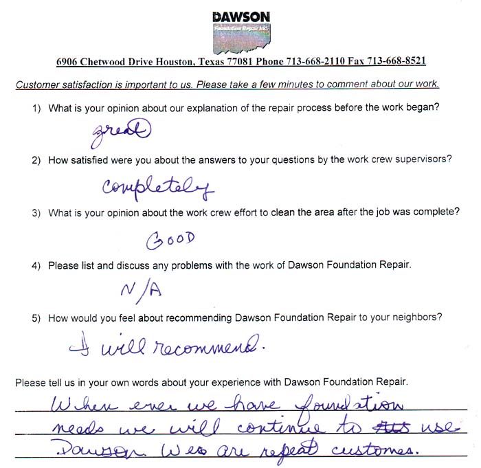 testimonial letter #486 in Sugar Land for Dawson Foundation Repair