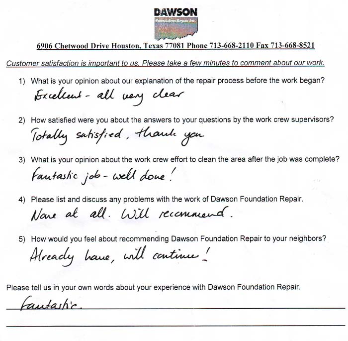 testimonial letter #488 in Sugar Land for Dawson Foundation Repair