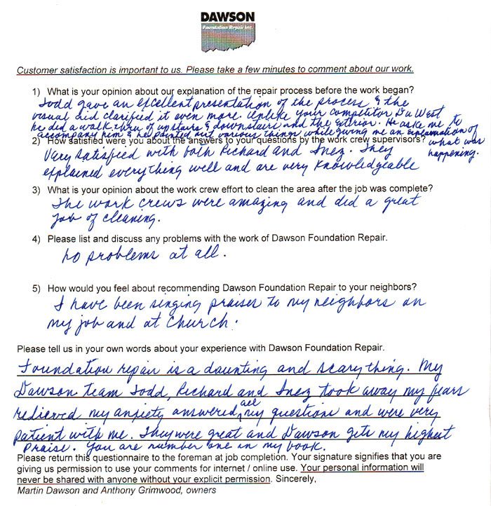 testimonial letter #496 in Sugar Land for Dawson Foundation Repair