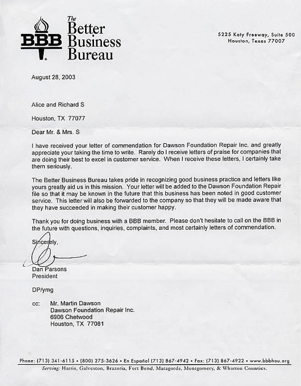 testimonial letter #1 for Dawson Foundation Repair