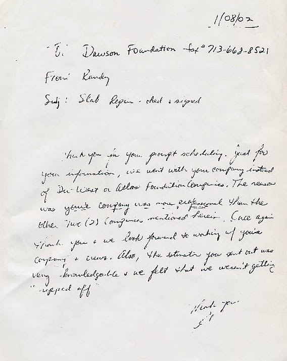 testimonial letter #10 for Dawson Foundation Repair