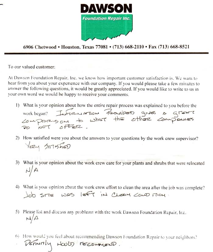 testimonial letter #100 for Dawson Foundation Repair