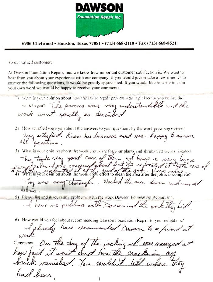 testimonial letter #102 for Dawson Foundation Repair