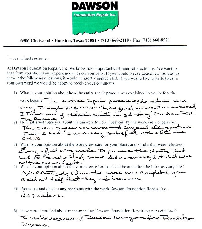 testimonial letter #103 for Dawson Foundation Repair