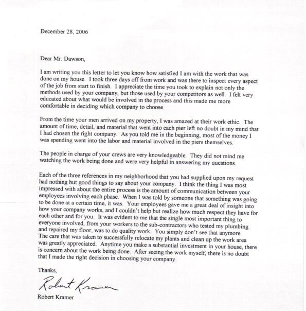 testimonial letter #106 for Dawson Foundation Repair