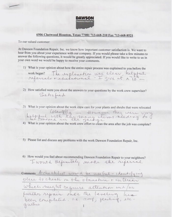 testimonial letter #111 for Dawson Foundation Repair