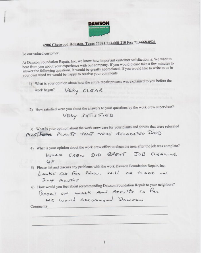 testimonial letter #114 for Dawson Foundation Repair
