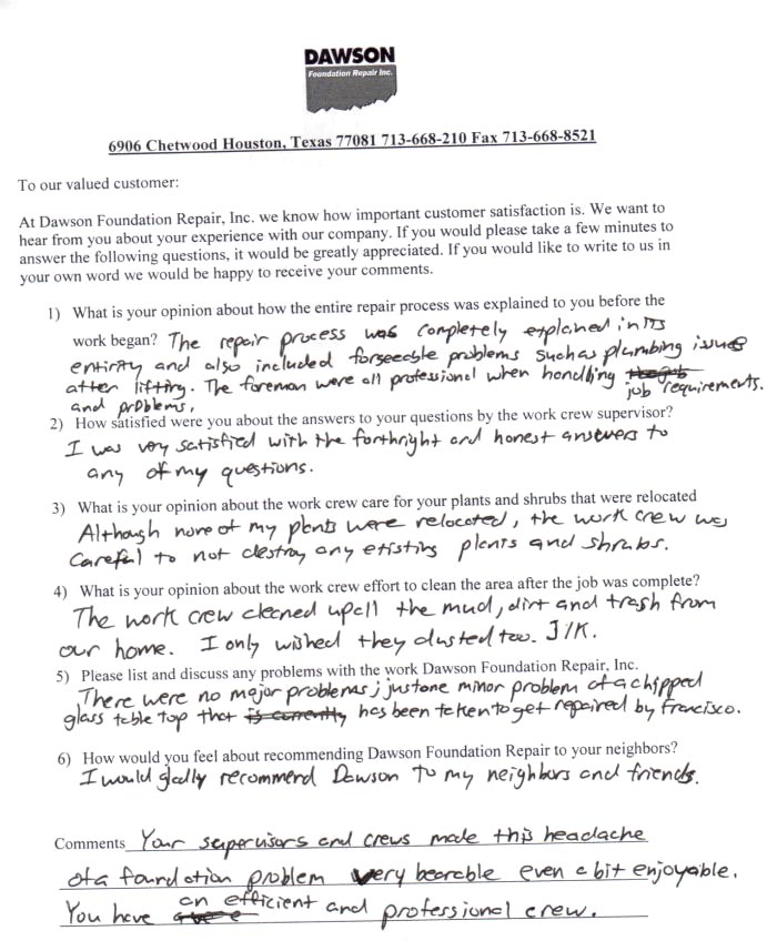 testimonial letter #115 for Dawson Foundation Repair