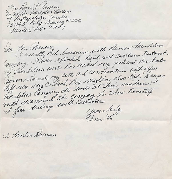 testimonial letter #12 for Dawson Foundation Repair