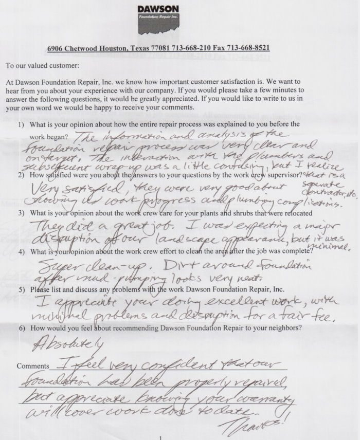 testimonial letter #120 for Dawson Foundation Repair