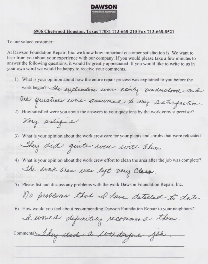 testimonial letter #122 for Dawson Foundation Repair